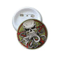 Skull biker button pin with colorful circular graphic and metal back clasp
