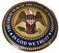 Round Mississippi state seal button pin with eagle, U.S. flag, and rim text