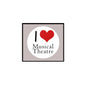 Square pinback badge with white circle, red heart, and "I Love Musical Theatre" text