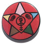 Round red button with multicolor solidarity resistance symbol graphic