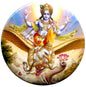Circular pinback button featuring a multi-armed Hindu deity seated on a lotus
