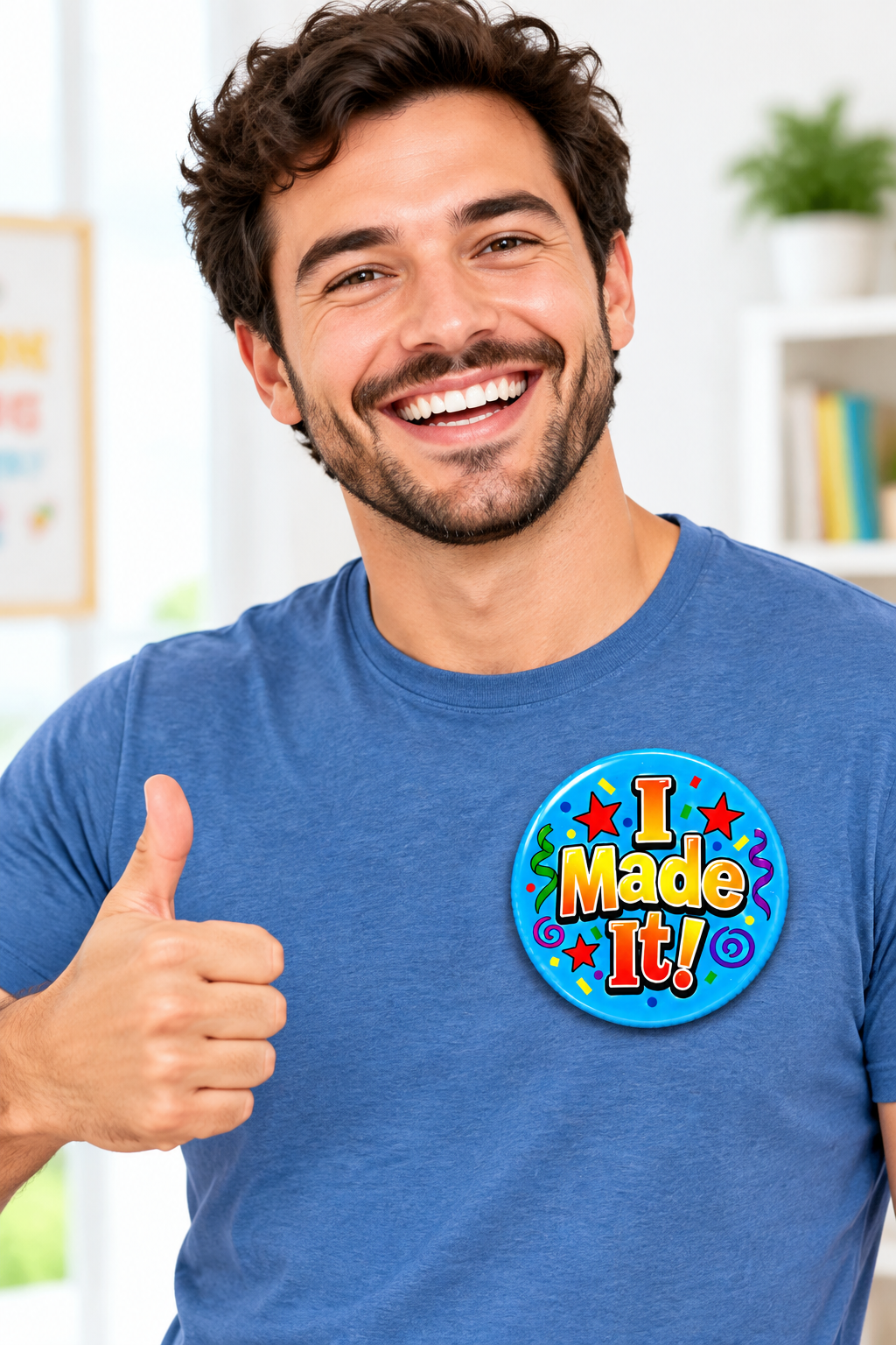 A smiling man wearing a blue crew-neck t-shirt with a colorful circular graphic that reads 'I Made It!' in yellow letters, giving a thumbs-up in a bright indoor setting.