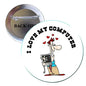 Circular pinback button brooch with 'Love My Computer' text and cartoon computer