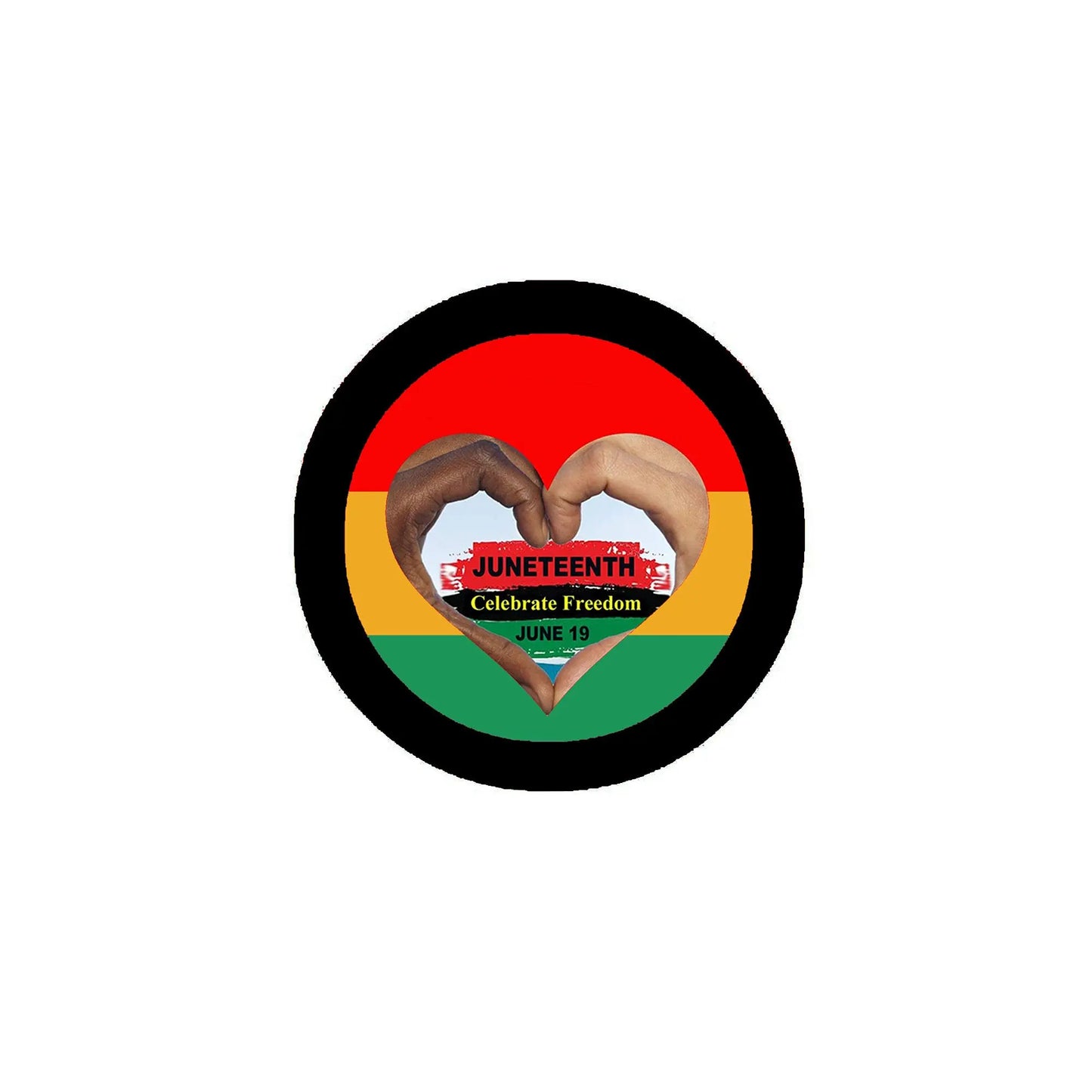 Juneteenth heart pinback button with rainbow stripes, black rim, text June 19