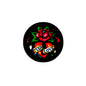 Round black pinback badge with colorful love-themed flower design.