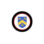 Round coat of arms pinback badge with shield in blue and gold, black ring, red edge