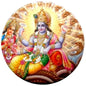Circular pinback button with seated blue-skinned Hindu god Vishnu and ornate details