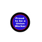 Round black pinback button with blue "Proud to be a Union Worker" text