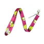 Pink lanyard keychain holder with green cartoon-style graphic, metal clip and loop