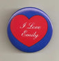 1.25-inch pinback button with red heart reading I Love Emily, blue rim