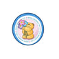 Mother’s Day pinback badge with blue border, bear holding flowers and bouquet icon