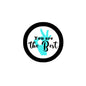 2.25-inch cyan pinback button with black rim, white center, and hand symbol
