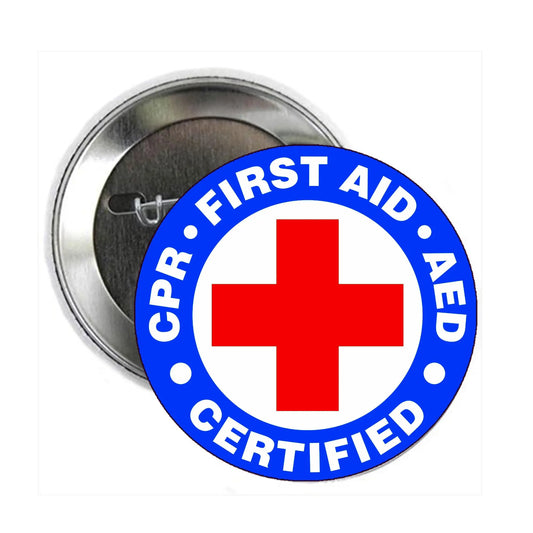 CPR First Aid AED pinback badge with red cross on blue Certified ring