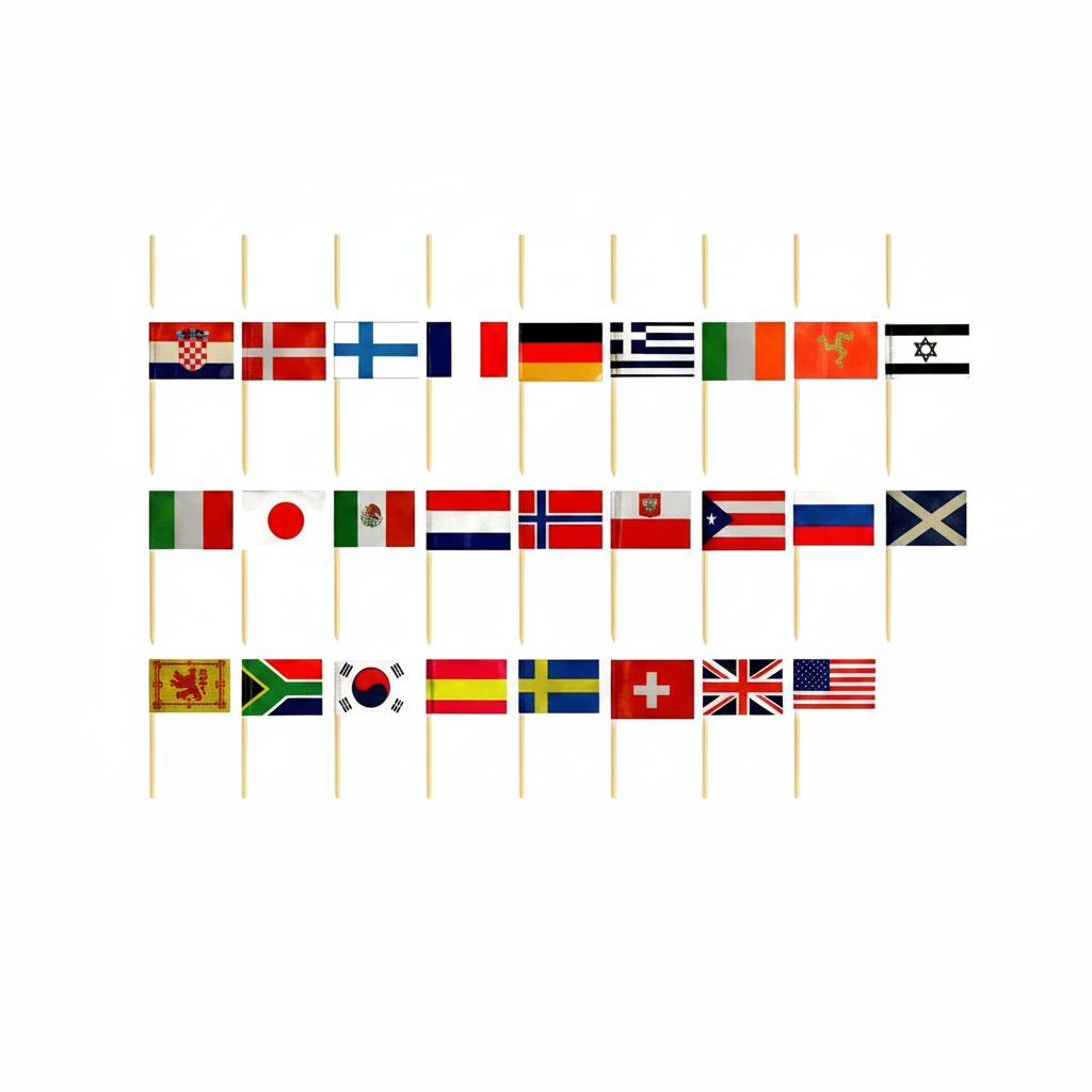 A set of small international flag sticks arranged in three rows on a plain white background.