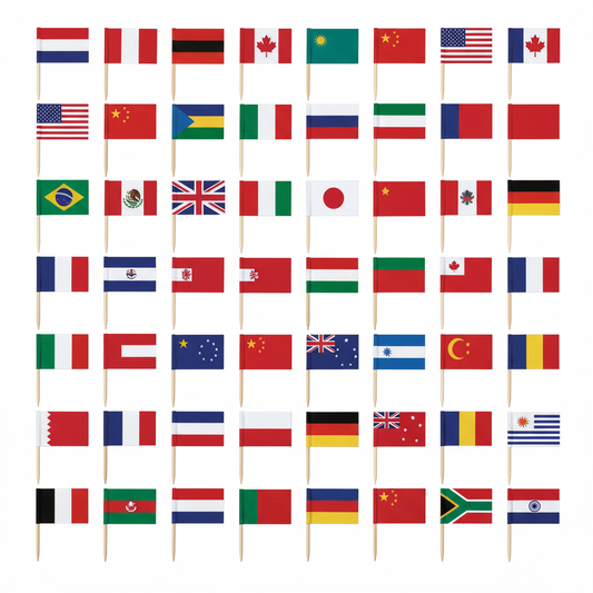 Pack of international flag toothpick picks, many miniature flags on wooden sticks