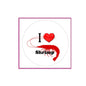 Pinback button badge with I heart shrimp graphic, red heart and shrimp silhouette.