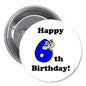 Round pinback button: “Happy 6th Birthday!” with blue 6 and mouse graphic