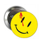 Smiley face pinback button with yellow round face, black eyes and smile, red detail, metal back