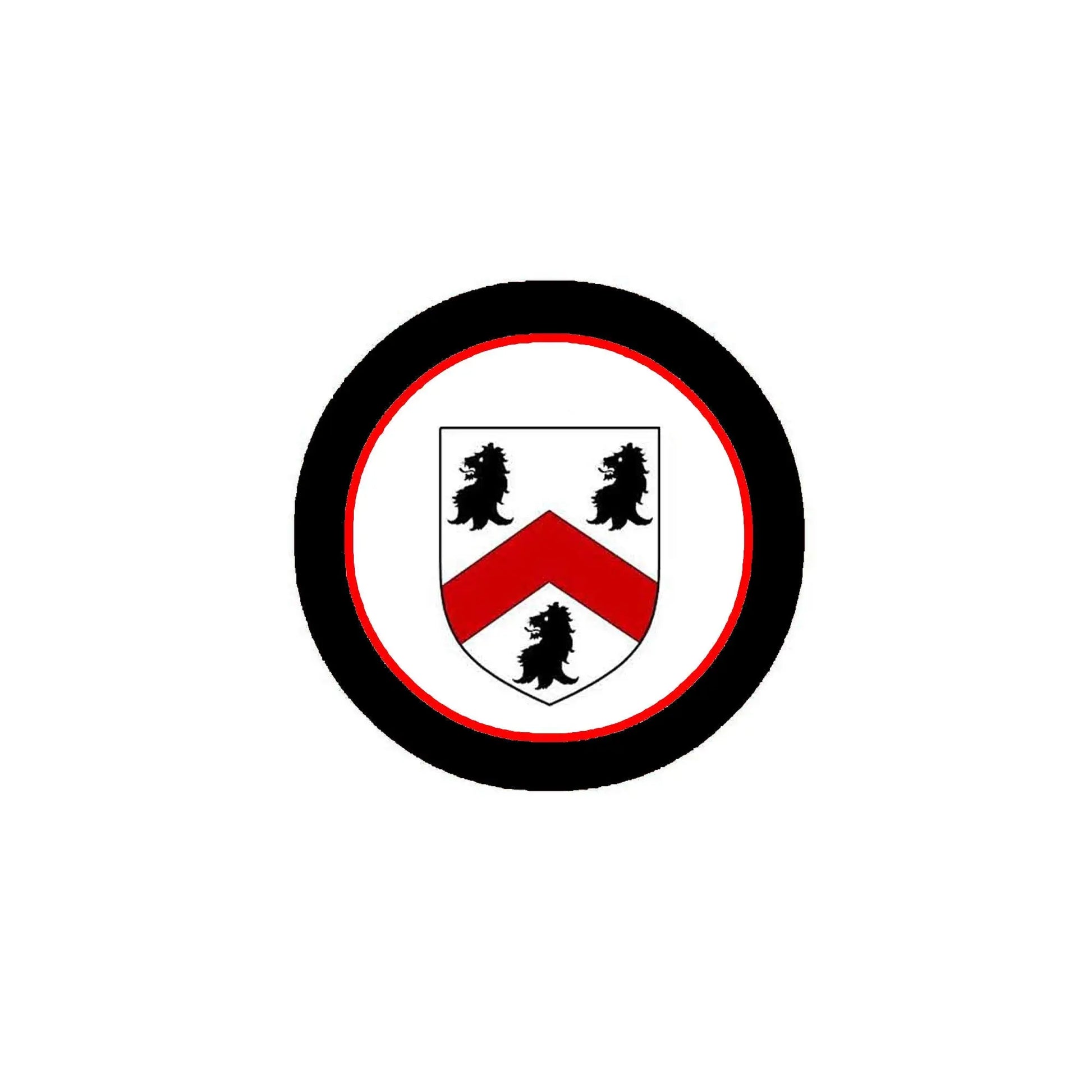 Round coat of arms magnet with black border, white shield, red base, and three black lions
