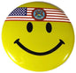 Round yellow smiley badge button with US flag and Michigan seal