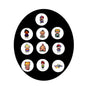 Set of round pinback buttons with colorful pixel characters on a black backing card
