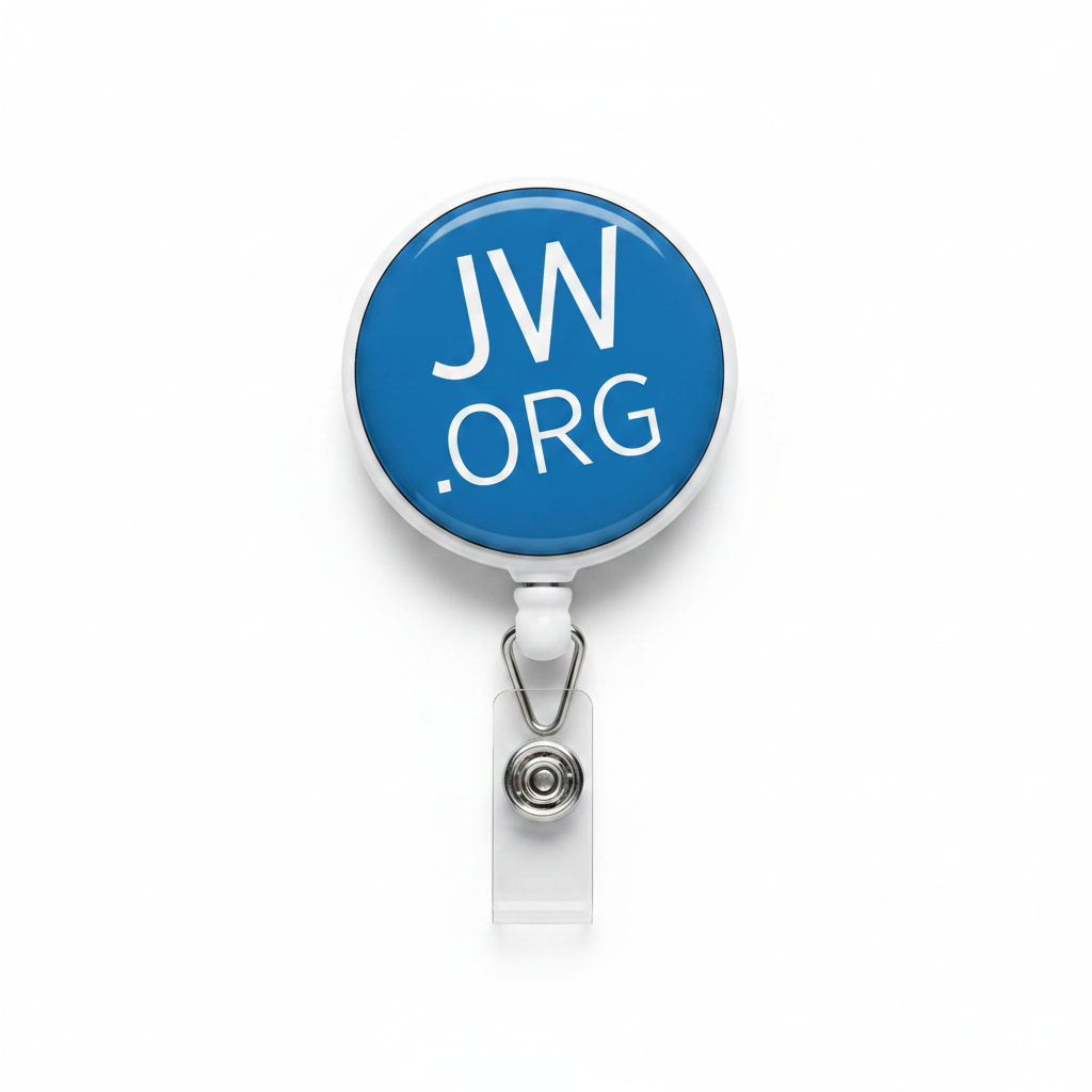 Retractable ID reel with JW ORG blue logo top and metal badge clip
