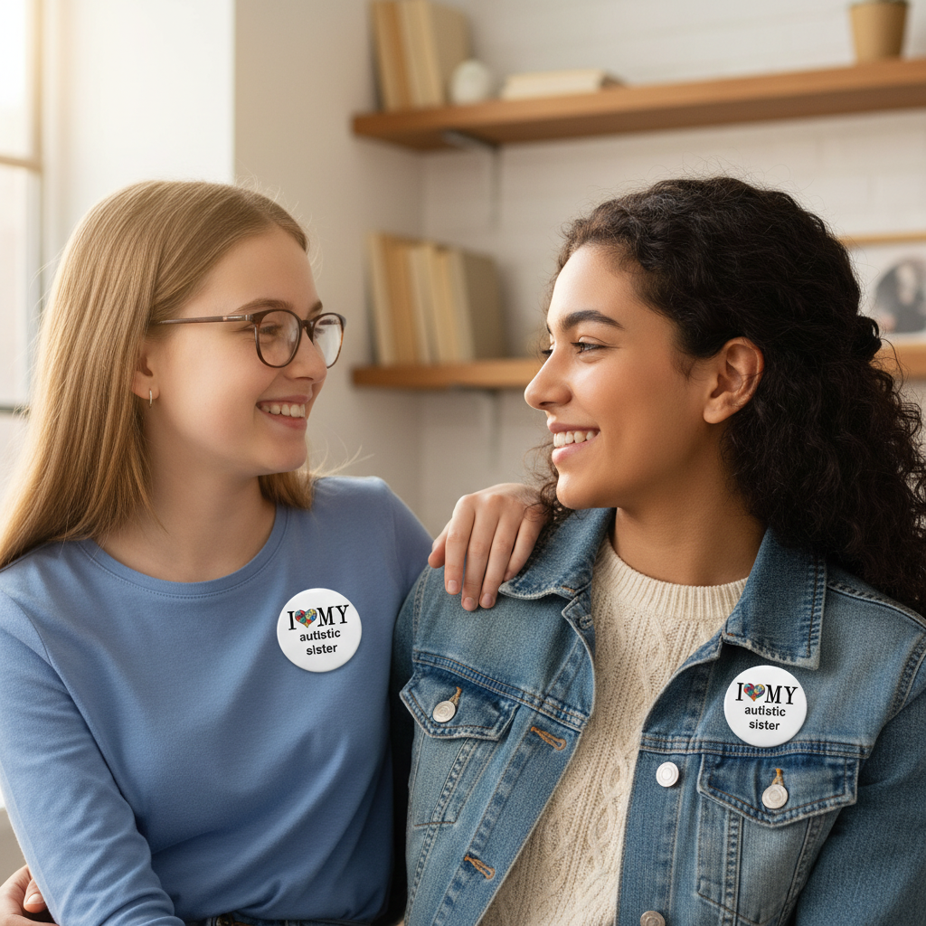 Round pin-back badge on shirts, light background with printed message