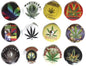 Set of 12 round marijuana leaf pin badges with assorted designs and colors