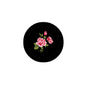 2.25-inch pinback badge with black background and pink flower bouquet graphic
