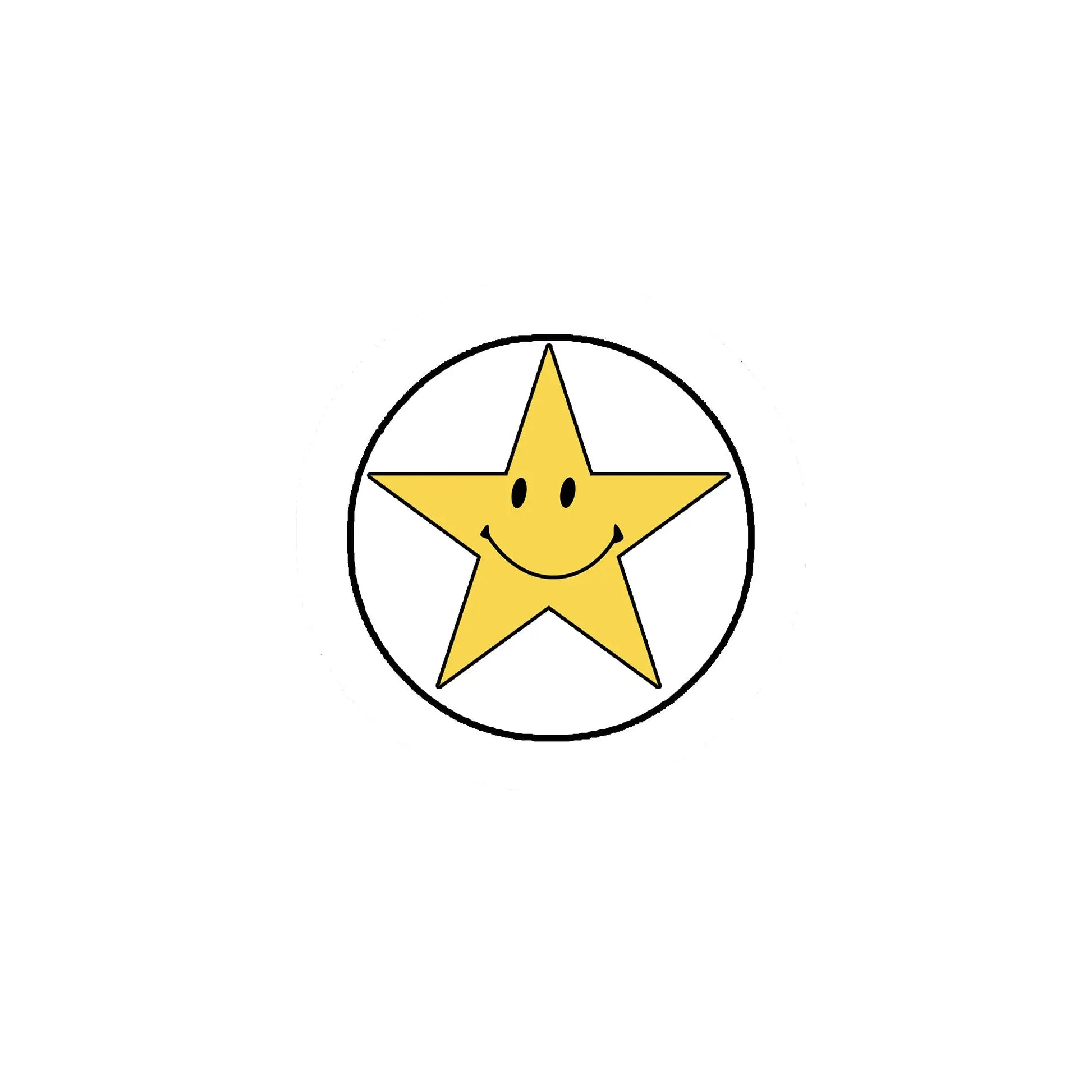 Pinback badge with yellow smiling star face in black circle