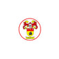 Round coat of arms pinback badge with red border and red-yellow crest with black shield