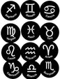 Set of 12 round zodiac astrology button pins with white symbol designs on black