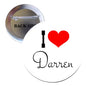 2.25-inch pinback button, red heart with 'I love Darren'