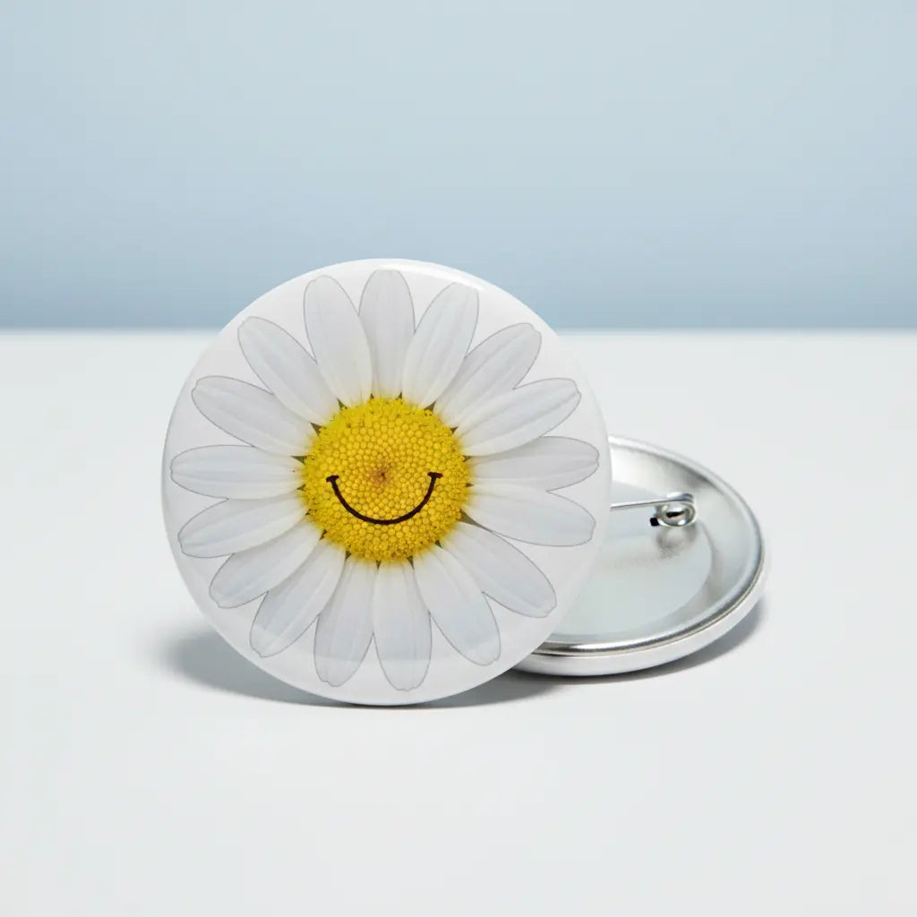 Daisy flower pinback button with white petals, yellow smiley center, round silver backing