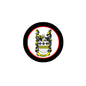 Round coat-of-arms family crest magnet with black border and red inner ring