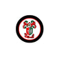 Round black-edged coat of arms pinback badge with red and green heraldic shield