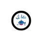 2.25-inch pinback badge, black rim, blue-and-white cute shark with 'I bite' text