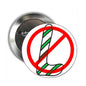 2.25-inch pinback button with silver back and white/red slashed green-striped design
