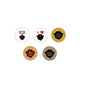 Set of five round pinback badges with beard sayings and icons, tan and white