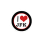 JFK pinback button with black border, red heart, and “I ♥ JFK” design