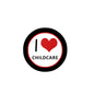 Round pinback button with black border, red heart, and I Love Childcare text