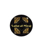 Round black pinback button with gold design and 'Lailat al Miraj' text