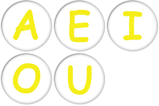 A E I O U:English Alphabet Upper Case Yellow Colour Pinback Buttons Badges/Pin 1 Inch Set of 5 New