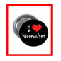 Black werewolves pinback button with red heart and white "Werewolves" text