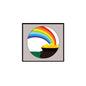 White pinback badge with rainbow arch and pot of gold illustration