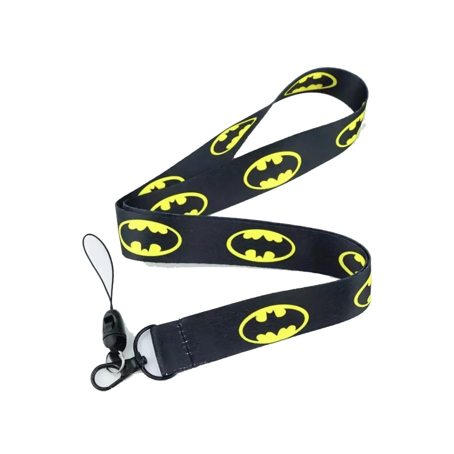 Batman lanyard keychain holder, black strap with yellow bat icons and keyring clip