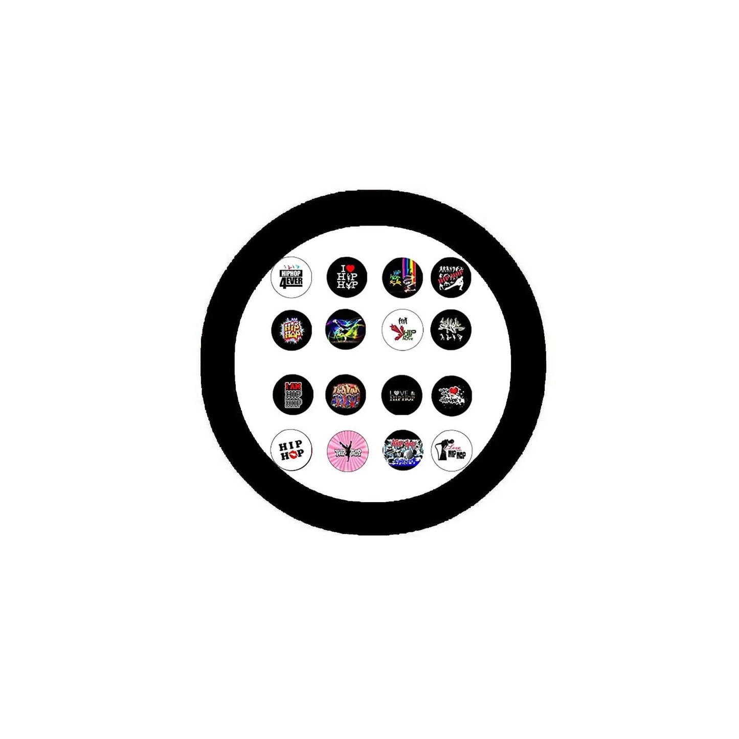 Round pinback button badges set with black rim and mixed hip-hop dancing symbol designs