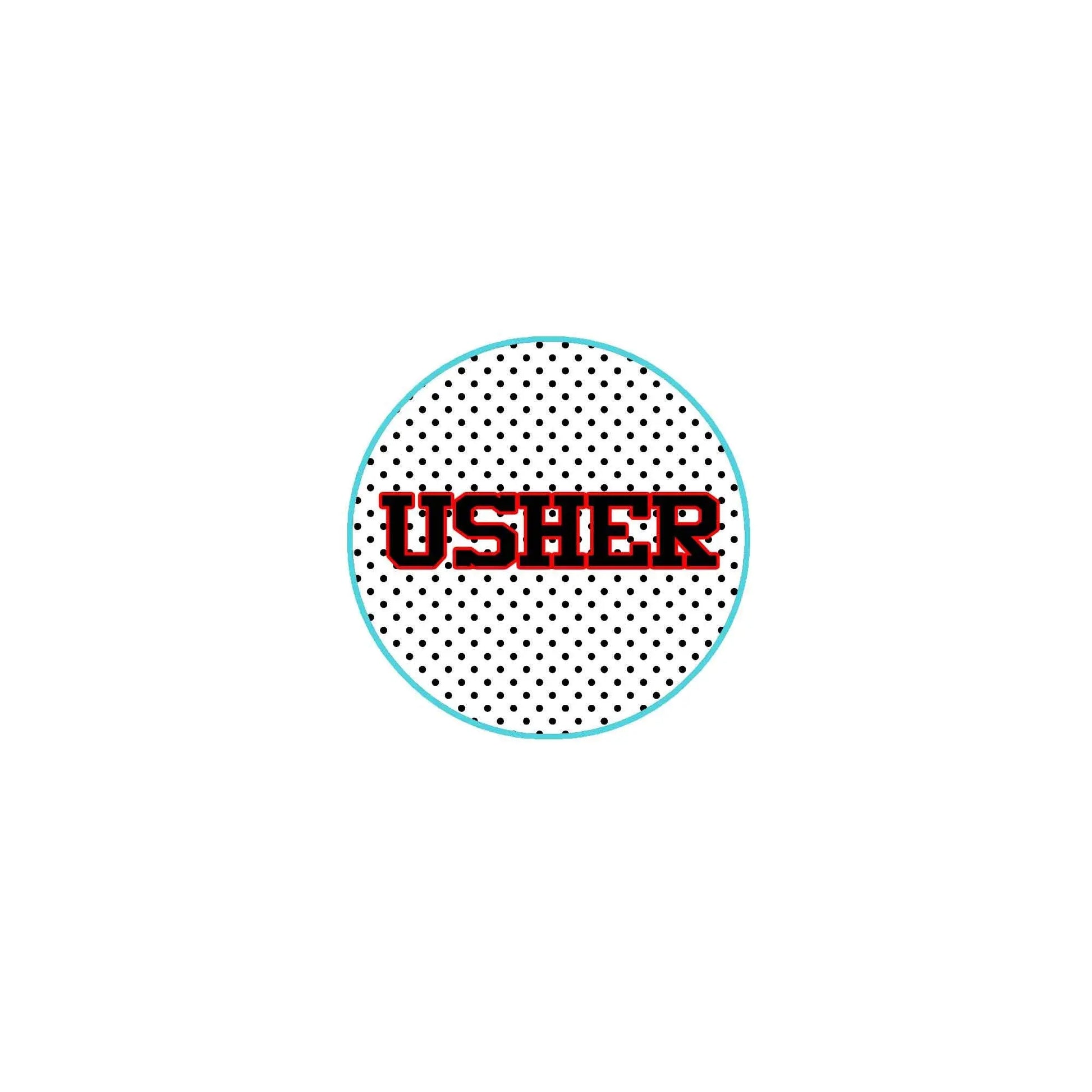 Usher pinback button, circular teal border with dotted center and red USHER text
