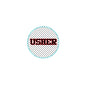 Usher pinback button, circular teal border with dotted center and red USHER text