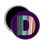Round plaid event craft magnet with purple trim and colorful striped panel